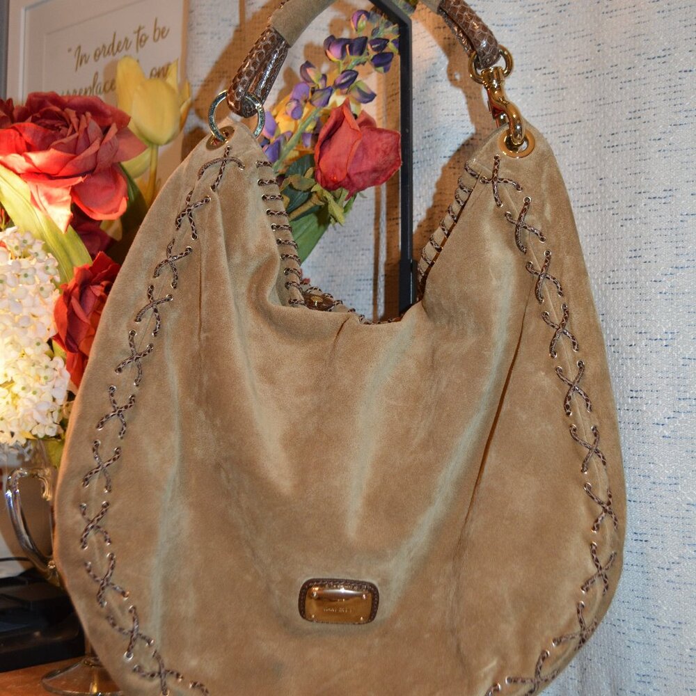 Jimmy Choo Corset Stitch Suede and Snakeskin Sky Hobo Pre-loved